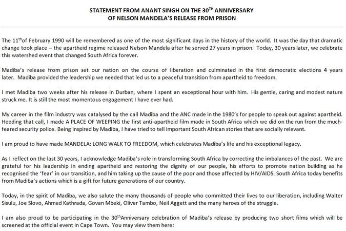 Statement fron Anant Singh  on the 30th Anniversary of Nelson Mandela's Release from Prison