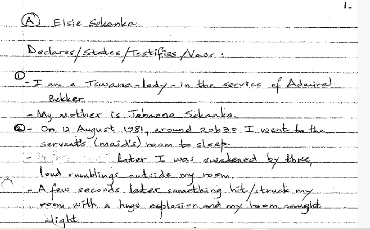 Statements to the police by Ms Sekanka on 1 September 1981 and Zahed Patel on 14 August 1981
