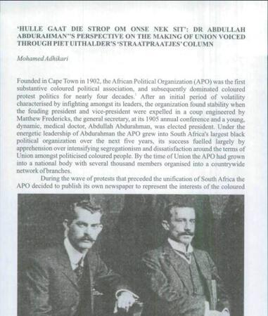  'Hulle gaat die strop om onse nek sit': Dr Abdullah Abdurahman's Perspective on the Making of Union Voiced Through Piet Uithalder's 'Straatpraatjes' Column by Mohamed Adhikari