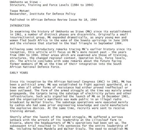 Umkhonto we Sizwe - Structure, Training and Force Levels (1984 to 1994) by Tsepe Motumi , African Defence Review No 18, 1994