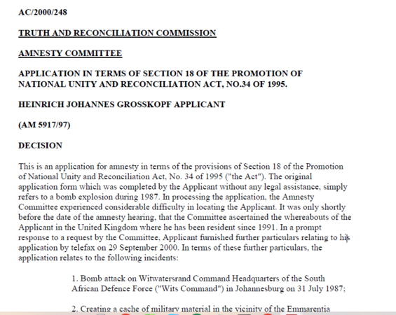 TRC Amnesty Decision, Heinrich Johannes Grosskopf, 2000