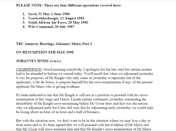 TRC Amnesty Hearings, Johannes Mnisi, Part 3, on resumption 8th day May 1998 