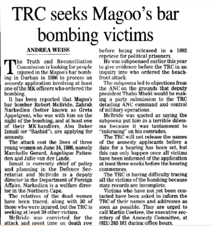 TRC seeks Magoo's bar bombing victims