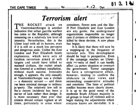 Terrorism alert, The Cape Times, 14 August 1981