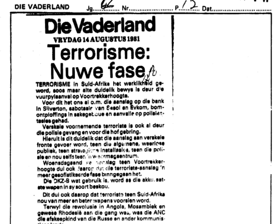 Terrorisme: Nuwe fase, Die Vaderland, 14 August 1981
