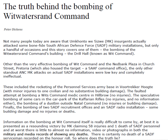 The truth behind the bombing of Witwatersrand Command, by Peter Dickens