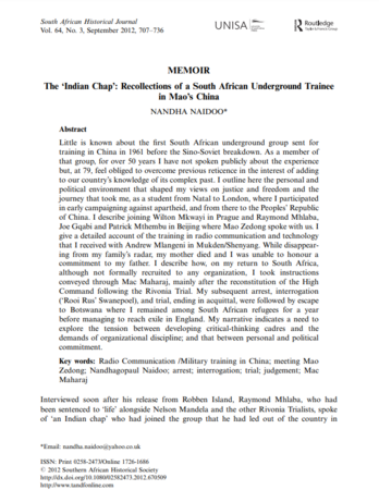 The ‘Indian Chap’: Recollections of a South African Underground Trainee in Mao's China by Nandha Naidoo