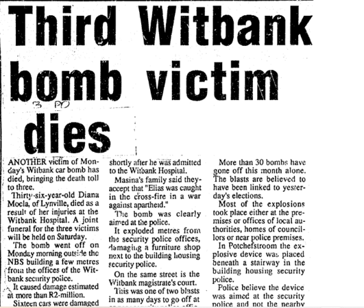 Third Witbank bomb victim dies, New Nation, 2 November 1988