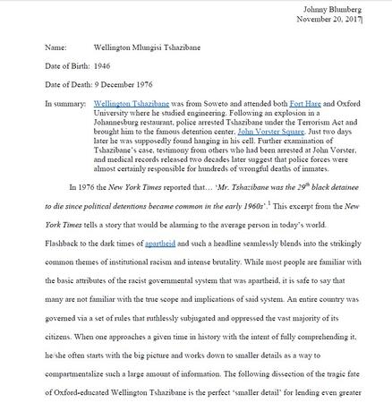 Biography of Wellington Mlungisi Tshazibane by Johnny Blumberg