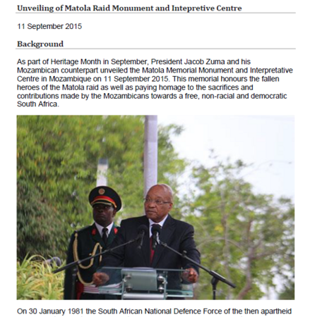 Unveiling of Matola Raid Monument and Interpretive Centre