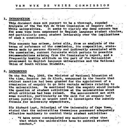 Document on the Van Wyk De Vries Commission of Enquiry into Universities compiled by Charles Nupen