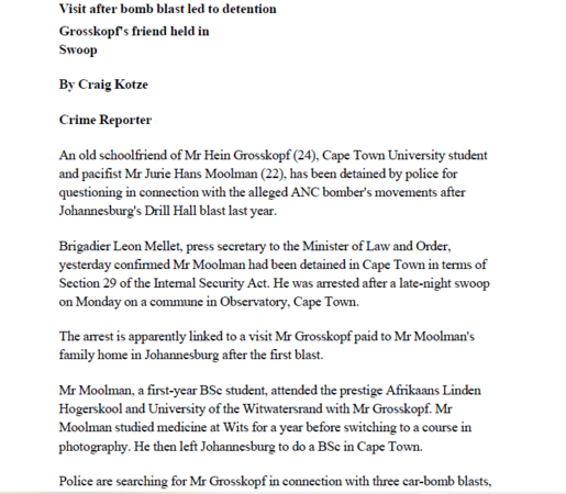 Visit after bomb blast led to detention, Grosskopf's friend held in Swoop, by Craige Kotze