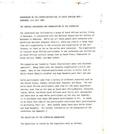 Memorandum of the Symposium/Festival of South African Arts - Gaborone, 5-9 July 1982