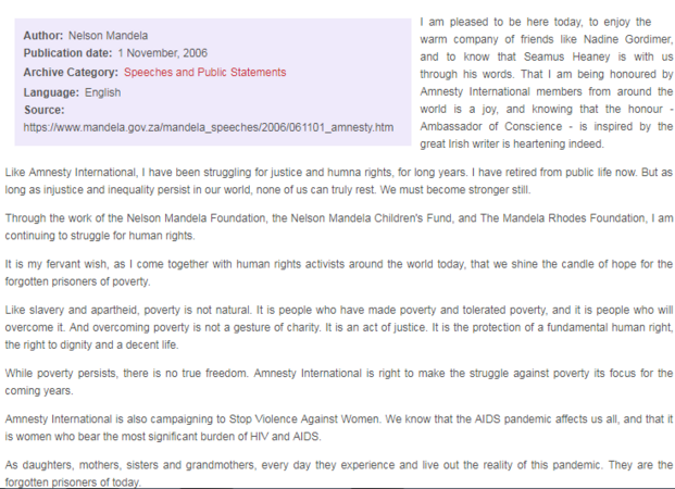 Acceptance of Amnesty International Ambassador of Conscience Award, by Nelson Mandela, 1 November 2006 