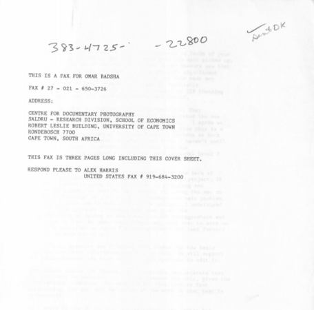 Omar Badsha fax letter from Alex Harris