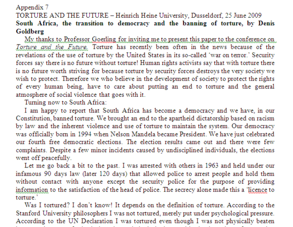Appendix 7 South Africa, the transition to democracy and the banning of torture, by Denis Goldberg