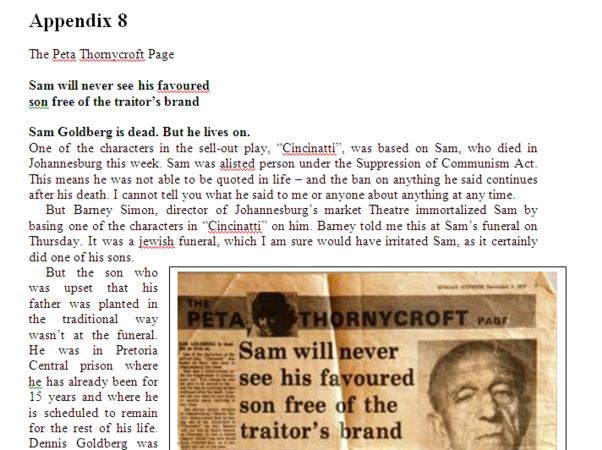 Appendix 8 Sam will never see his favoured son free of the traitor’s brand by Denis Goldberg  