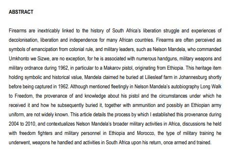 Armed and Trained: Nelson Mandela’s 1962 military mission as Commander in Chief of Umkhonto we Sizwe and provenance for his buried Makarov pistol by Garth Conan Benneyworth