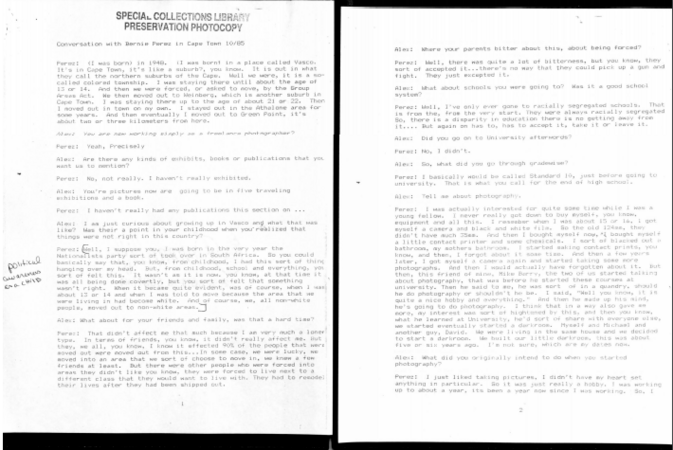 Conversation with Berney Perez, Cape Town,  October 1985