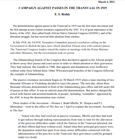 Campaign against Passes in the Transvaal in 1919 by E. S. Reddy, 04 March 2012