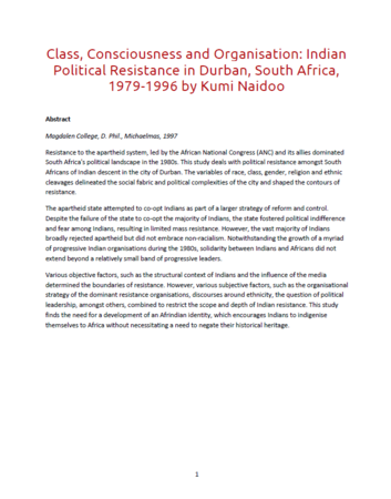 Class, Consciousness and Organisation: Indian Political Resistance in Durban, South Africa 1979 - 1996 - by Kumi Naidoo (Full Theses)