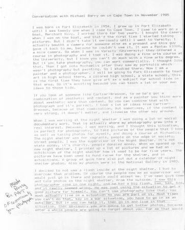 Conversation with Michael Barry, Cape Town, South Africa, November 1985