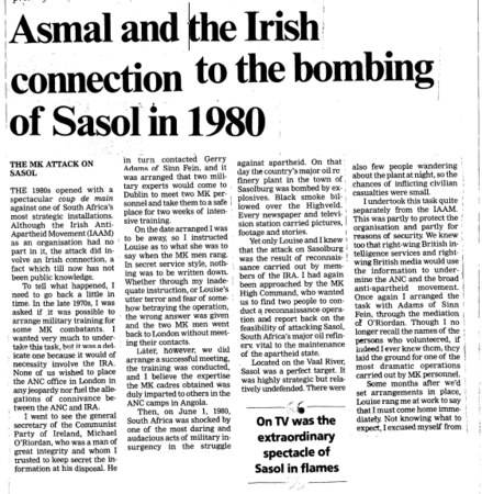 Asmal and the Irish connection to the bombing of Sasol in 1980, Saturday Star, 27 August 2011