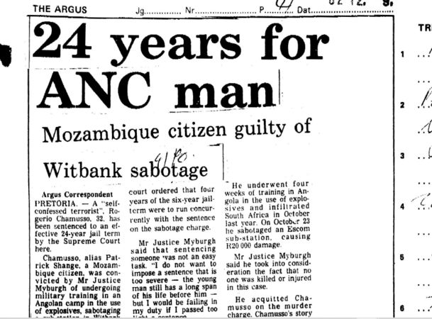 24 years for ANC man, Mozambique citizen guilty of Witbank sabotage, The Argus, 9 December 1982