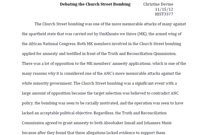 Debating the Church Street Bombing, by Christine Devine, 15 November 2012