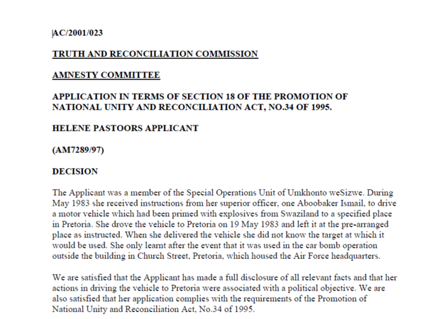 Helene Pastoors TRC Amnesty Decision, 24 January 2001