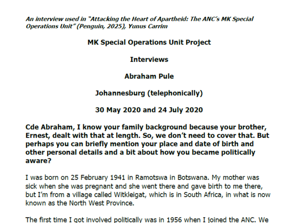 Interview with Abraham Pule, 30 May 2020 and 24 July 2020