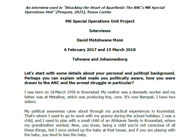 Interview with David Motshwane Moisi, 6 February 2017 and 15 March 2018
