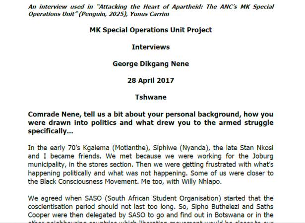 Interview with George Dikgang Nene, 28 April 2017