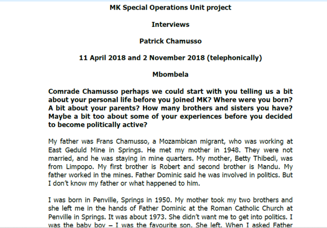 Interview with Patrick Chamusso, 11 April 2018 and 2 November 2018