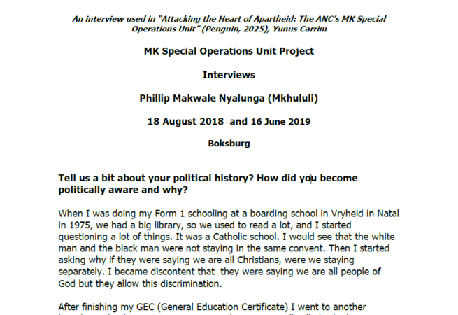 Interview with Phillip Makwale Nyalunga (Mkhululi), 18 August 2018 and 16 June 2019