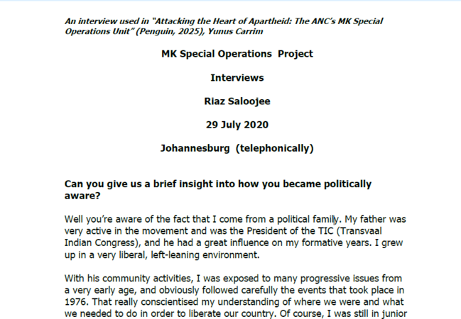 Interview with Riaz Saloojee, 29 July 2020