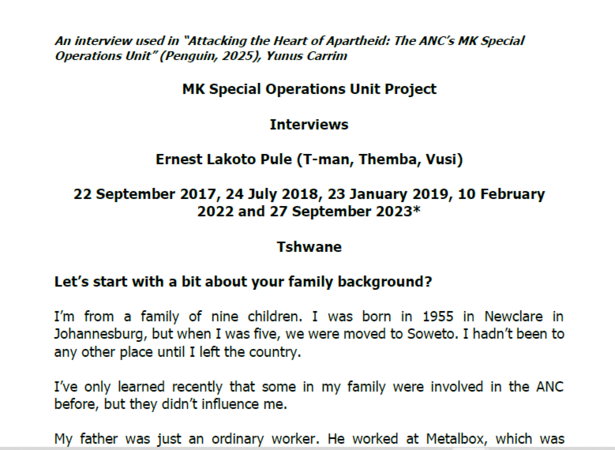Interviews with Ernest Lakoto Pule (T-man, Themba, Vusi), 22 September 2017 - 27 September 2023