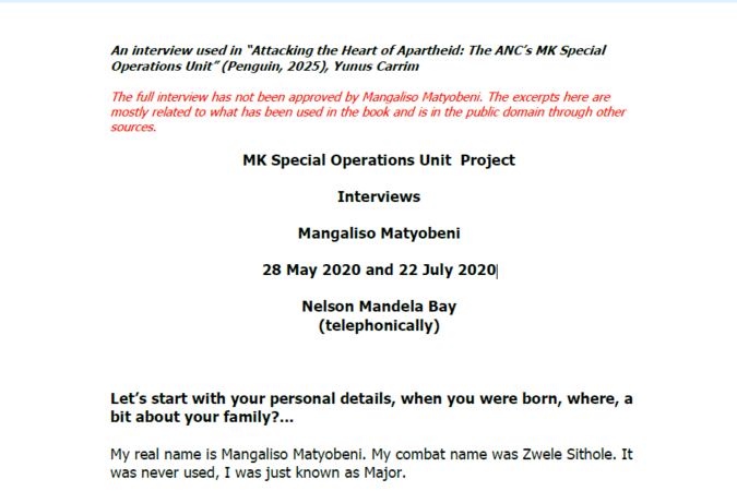 Interviews with Mangaliso Matyobeni, 28 May 2020 and 22 July 2020