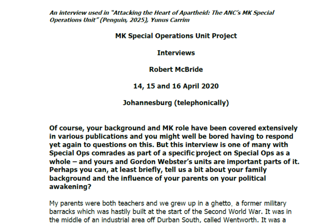 Interviews with Robert McBride, 14, 15 and 16 April 2020