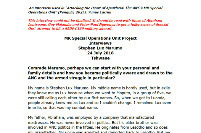 Interviews with Stephen Lux Marumo, 24 July 2018