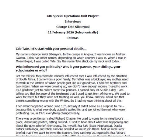 cover - MK Special Operations Unit Project Interviews, George Tate Sibanyoni