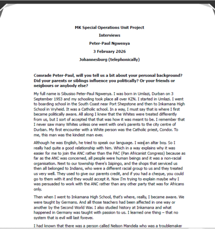 MK Special Operations Unit Project Interviews, Peter-Paul Ngwenya