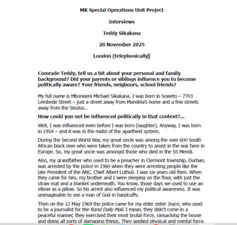 cover - MK Special Operations Unit Project Interviews, Teddy Sikakana, 20 November 2025, London (telephonically)