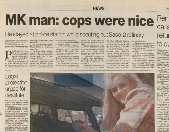 MK man: cops were nice, by Rob Northey, Pretoria News Weekend, 9 May 1998