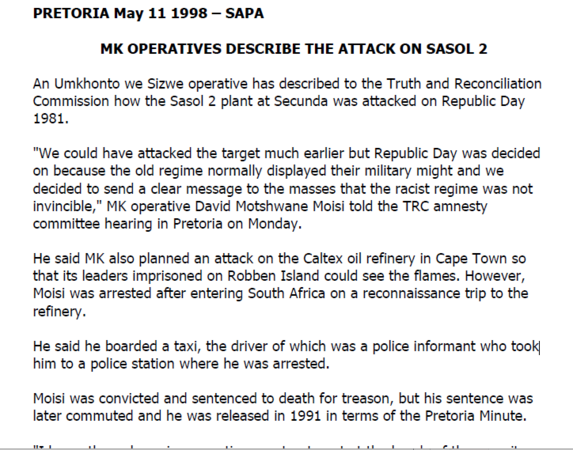 MK operatives describe the attack on Sasol 2, SAPA, 11 May 1998