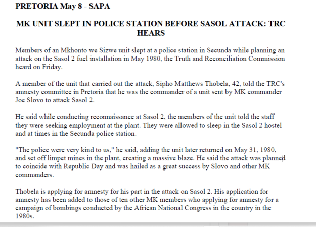 MK unit slept in police station before Sasol attack: TRC hears, SAPA, 8 May 1998