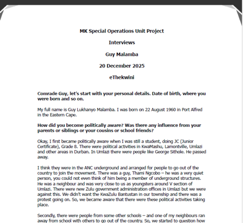 MK Special Operations Unit Project Interviews, Guy Malamba, 20 December 2025, eThekwini