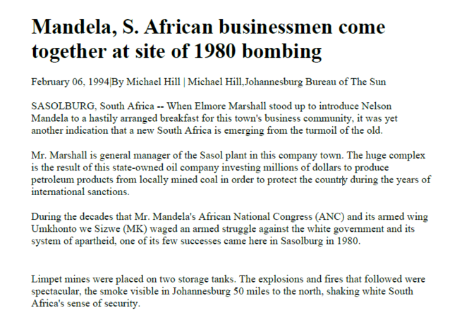 Mandela, S. African businessmen come together at site of 1980 bombing, by Michael Hill, 6 February 1994