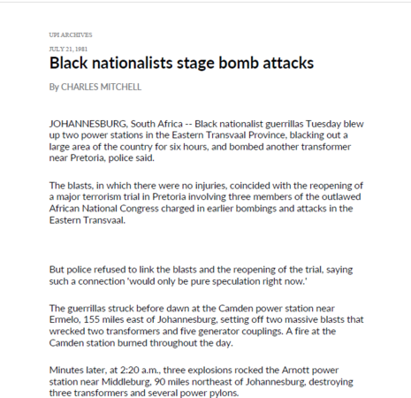Power stations operation, Black nationalists stage bomb attacks, by Charles Mitchell, UPI Archives, 21 July 1981 