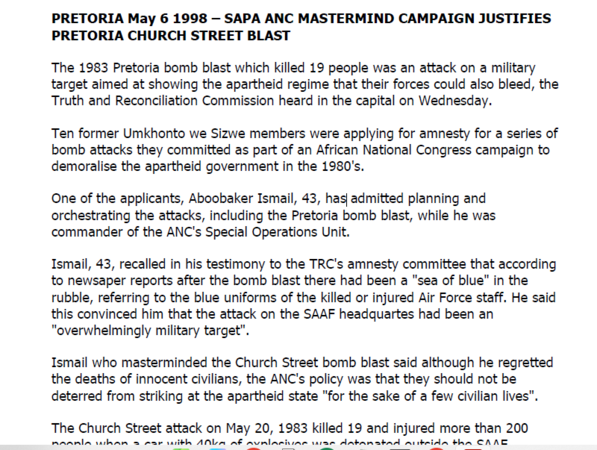 SA Air Force operation, ANC mastermind campaign justifies Pretoria Church Street blast, SAPA, 6 May 1998